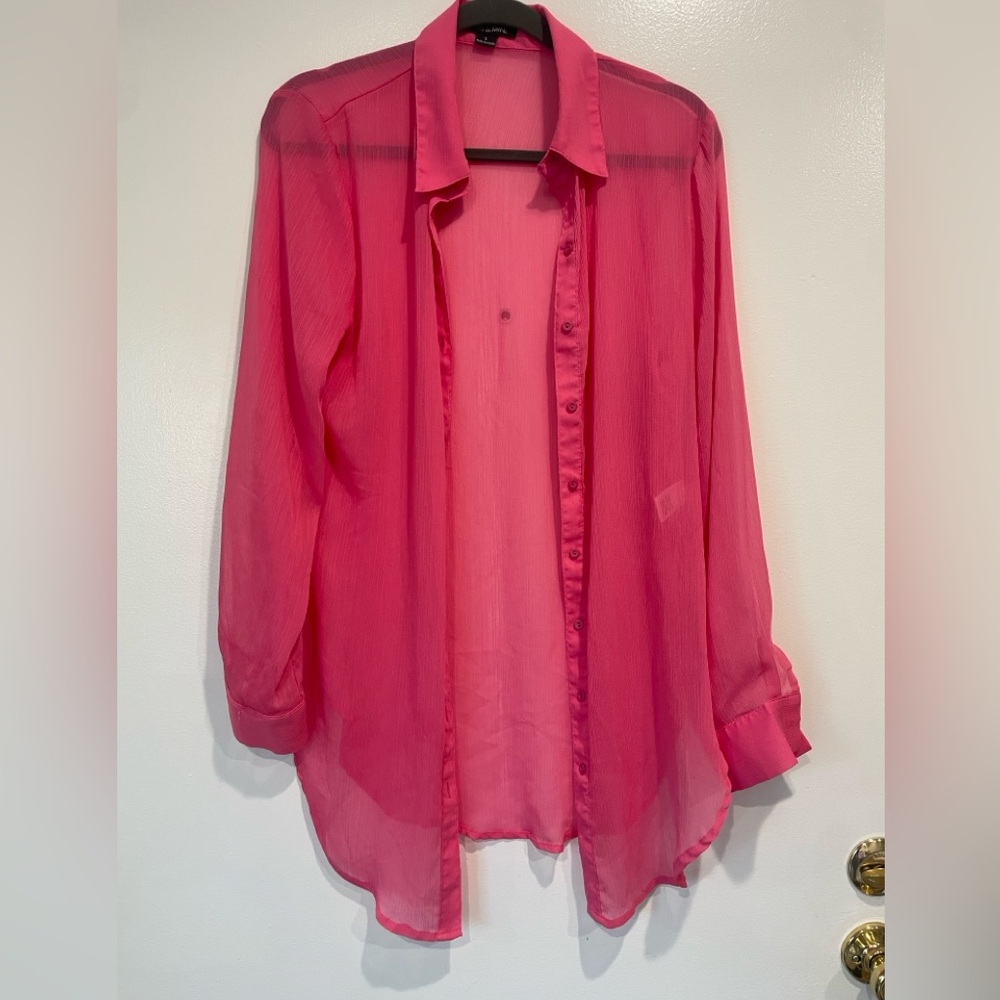 Women's Sheer Pink Button-Up Blouse. Size L, fits M as well.